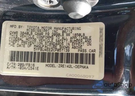 2012 Toyota Corolla Le z USA, uszkodzony, nr VIN 5YFBU4EE2CP057139